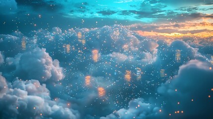 Fototapeta premium Futuristic City Floating Amidst Glowing Data Streams and Connecting Nodes in the Clouds