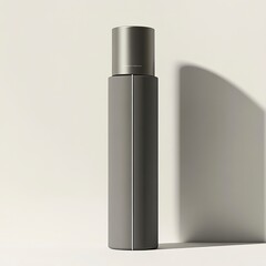 Hyperrealistic studio photograph of a minimalist cylindrical deodorant spray bottle with a smooth, tapered shape. generative ai