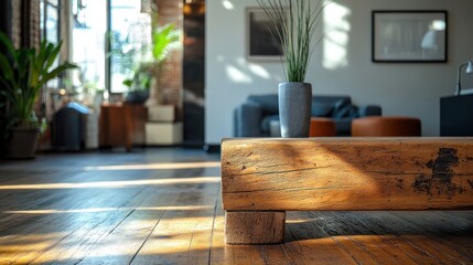 Sunbeams illuminate a rustic wooden coffee table in a modern loft living room.