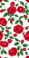 Seamless pattern of red roses with green leaves on a white background, red