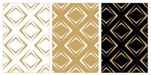 Naklejka premium Set of patterns with crosses, stripes, lines. Seamless vector background. White, gold and black ornament. Modern reticulated graphic design.