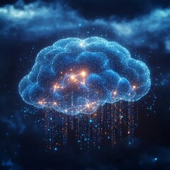 Fototapeta premium Glowing Digital Brain Floating in Ethereal Cloud Landscape with Shimmering Neural Pathways