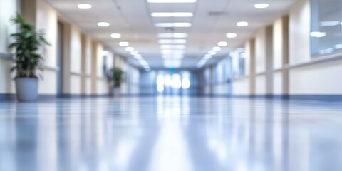 Modern Hospital Corridor with Bright Lighting and Green Plants Enhancing Welcoming Atmosphere for Patients and Visitors in Healthcare Settings