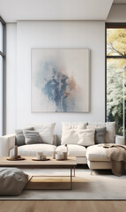Fototapeta premium Modern Living Room Interior Design with White Sofa and Abstract Painting