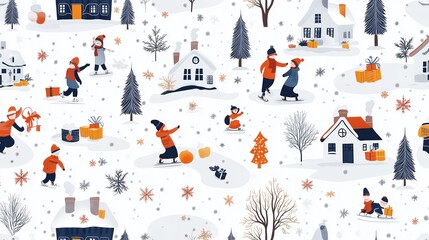 People ice skate and play in the snow on a winter day, with small houses, trees, and gifts surrounding them
