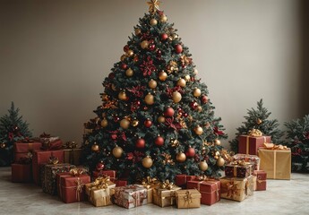 Christmas Tree Decorated with Red and Gold Ornaments and Surrounded by Wrapped Presents