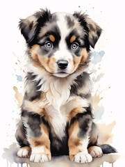 Watercolor Australian Shepherd Puppy Portrait