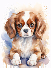 Cute Cavalier King Charles Spaniel Puppy Watercolor Art