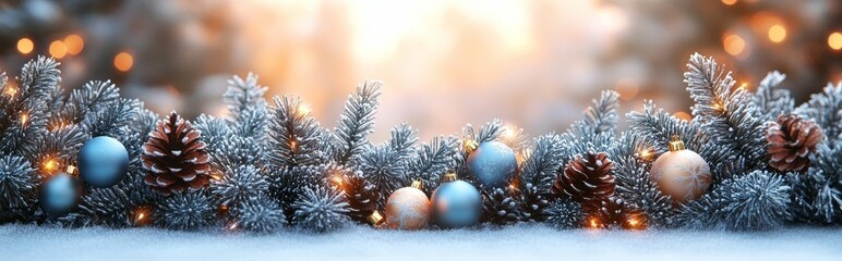 Festive Christmas Decorations with Pine Branches and Ornaments on a Snowy Background