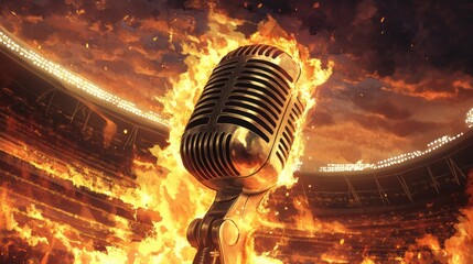 A dynamic vintage microphone surrounded by flames, symbolizing passion and energy in music or...