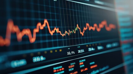 A close-up of a digital graph displaying fluctuating data trends, featuring vibrant orange lines on a dark background with various numerical data points.