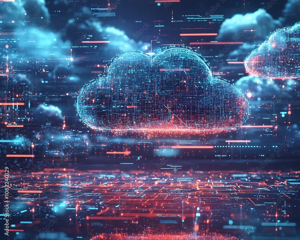 Wall mural futuristic cloud based workspace with glowing holographic interfaces and connected devices