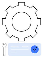 Large gear outline, wrench, and document with check mark. Ideal for maintenance, mechanical processes, technical reviews, workflow verification, engineering tasks, quality control and project