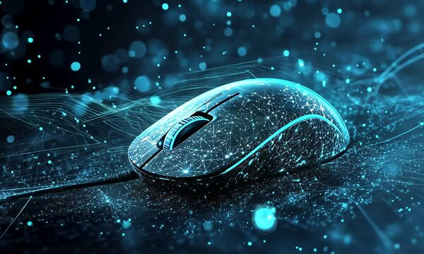 A computer mouse with a glowing blue pattern on its surface is shown on a dark blue background with bright blue lights.