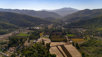 Drone aerial view of the delta of a river and small port near the city of Çamli in Turkey