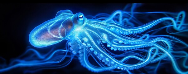 A mesmerizing glowing octopus showcasing vibrant blue hues in a dark underwater environment, highlighting its unique beauty.