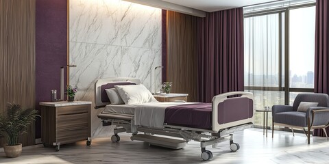 dark purple and cream elegant hospital room with modern comfortable bed, clean marble walls and wooden floor 
