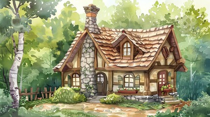 Fototapeta premium A watercolor painting of a small cottage in a forest.