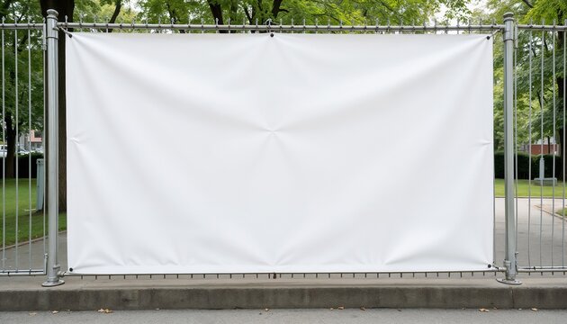 Blank white banner on metal fence in outdoor park.  
