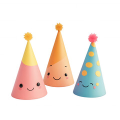 Colorful party hats with cheerful faces for festive celebrations and gatherings, isolated on a transparent background.