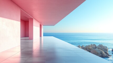 Modern pink architecture overlooking a serene ocean view.