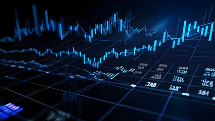 Naklejka premium Futuristic 3D render of stock market and fintech forex concept with blurry blue digital charts on dark blue background, highlighting financial data analysis and technology 