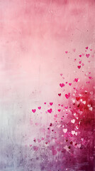 Vertical abstract romantic composition with gentle pink background and scattered tiny heart shapes for a heartfelt Valentine's Day backdrop.