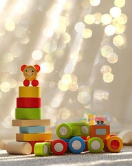 Obraz premium Colorful wooden toys on a carpet with a bokeh background.