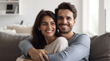 Obraz premium A young couple is sitting on the sofa, smiling and embracing each other in their living room. 