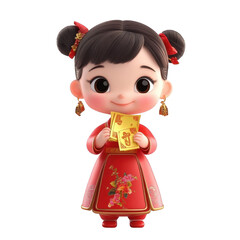 Cute girl in traditional attire holding a decorative envelope for a festive celebration, isolated on a transparent background.	