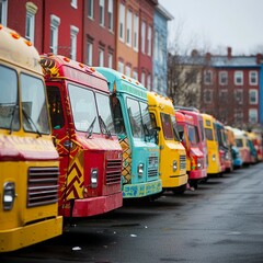 Obraz premium A row of colorful food trucks parked on a city street.