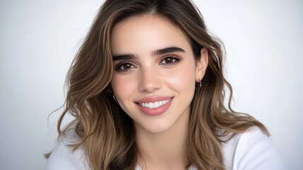 Naklejka premium Beautiful young woman with a radiant smile, featuring natural makeup and long wavy hair, against a soft white background for portrait photography