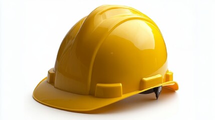 A yellow safety hard hat is isolated against a white background. It has a chin strap and is used to protect the head from injury.