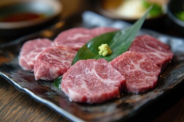 Fototapeta premium plate of meat with a leaf on it