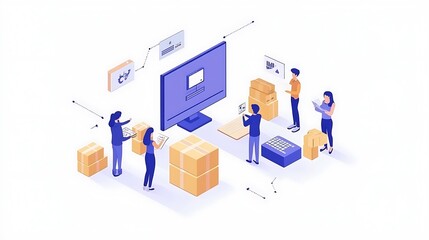 A digital workspace illustrating e-commerce and logistics with people interacting and packaging.
