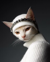 White cat in a stylish beanie with chain detail