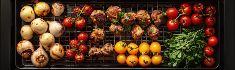 Many different types of vegetables on a grill, food background, banner