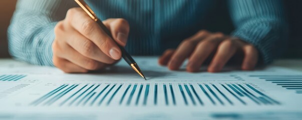 A person analyzing data on a chart with a pen, focused on trends and statistics, showcasing attention to detail and analytical skills.