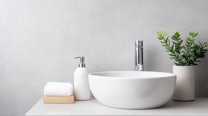 Fototapeta premium A minimalist bathroom scene featuring a white basin, soap dispenser, towels, and a small potted plant against a light gray wall.