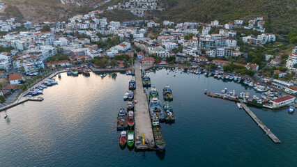 Drone Aerial View of a small port in Güllük, Turkey.