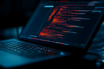 A laptop shows complex code in vibrant colors, illuminating a dark room