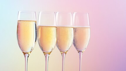 Elegant new year celebration background featuring champagne glasses and bubbly drink on soft pastel backdrop, perfect for festive holiday themes and new year party designs