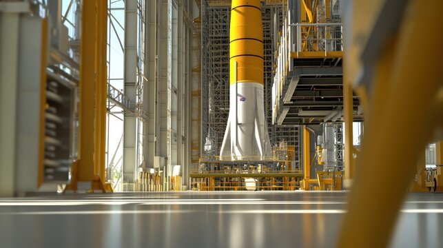 A rocket standing in a launch facility, prepared for upcoming space missions.