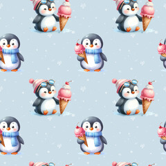 Funny penguin with ice cream. Seamless pattern with cartoon arctic penguin. A penguin in a hat and sunglasses. Wild birds, animals, sweets. Design for children's things.