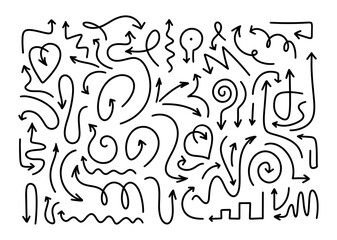 Arrows Big Set. Doodle Arrows in different directions. Doodle arrows in various style. Unusual pointers, ornate, spiral, sharp-angled and in form of hearts. Hand drawn black vector illustration.