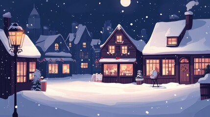 Fototapeta premium Cozy Snowy Christmas Village Market at Night