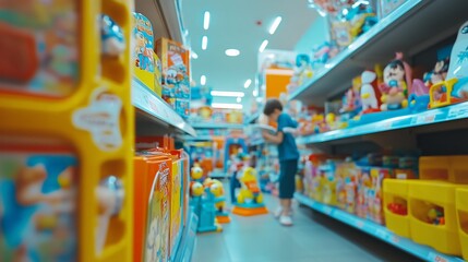 Fototapeta premium Blurred view of a toy aisle in a store with a shopper browsing.