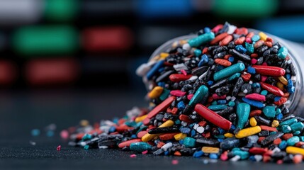Fototapeta premium Colorful Sprinkles Spilling from Container on Black Background