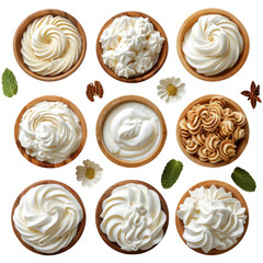 Fototapeta premium Creamy Blends, Wooden Bowls, Mint Leaves, Daisy Blooms, Star Anise, Biscuits, Nut Accents, Whipped Variations Isolated on white background or PNG