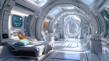 Fototapeta premium Futuristic interior of a space habitat with sleek design and advanced technology.